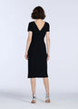STRETCH CREPE ORGANZA CRYSTAL FLOWER APPLIQUE MIDI DRESS BLACK