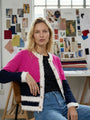 Fuchsia And Navy Cardigan W/ Frayed Trim
