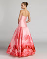 Pink Printed Mikado Strapless Drop Waist Ball Gown