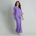 Caroline Rose Julia Matte Crepe Crew Neck 3/4 Ruffled Sleeve High-Low Hem Top In deep Lilac