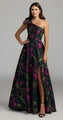 Mac Duggal  Black One Shoulder Brocade Floral Gown With Bow