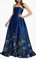 Mac Duggal Blue Floral Embroidered Mikado Strapless Ball Gown