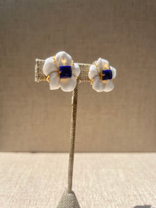 Carved White Agate Flower with Lapis Center Earrings