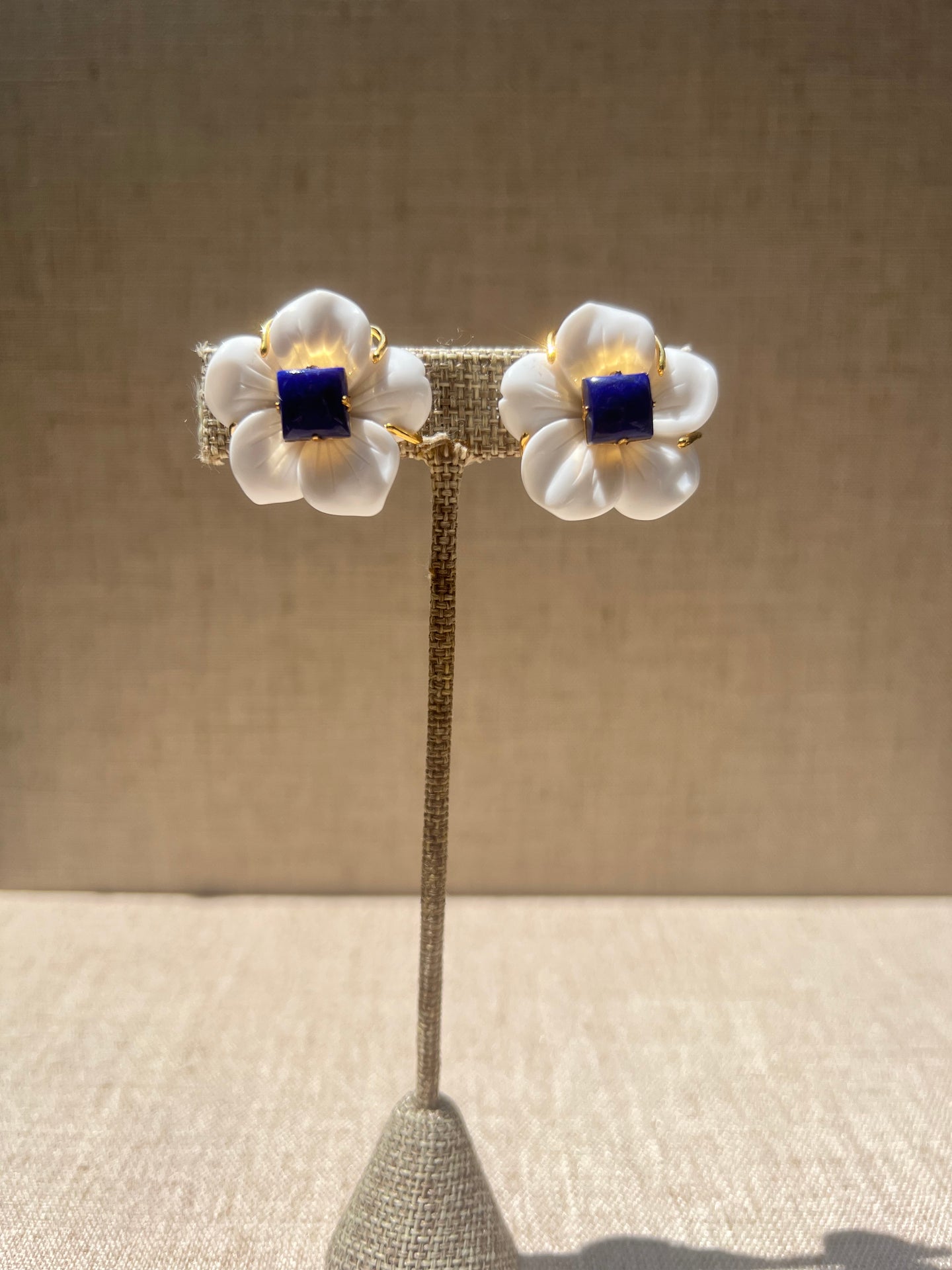 Carved White Agate Flower with Lapis Center Earrings