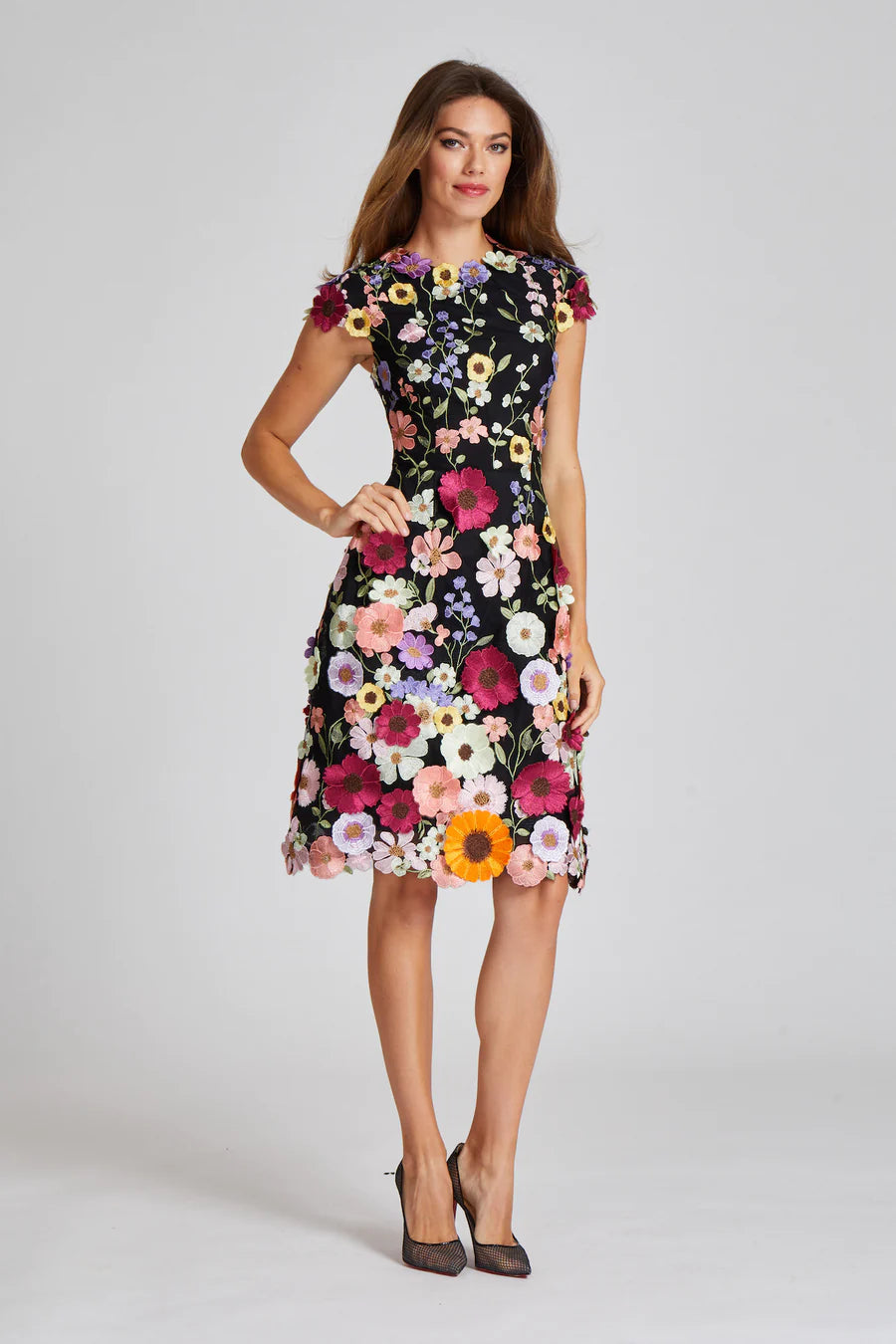 Teri Jon 3D Appliqued Floral Lace Fit N Flare Dress