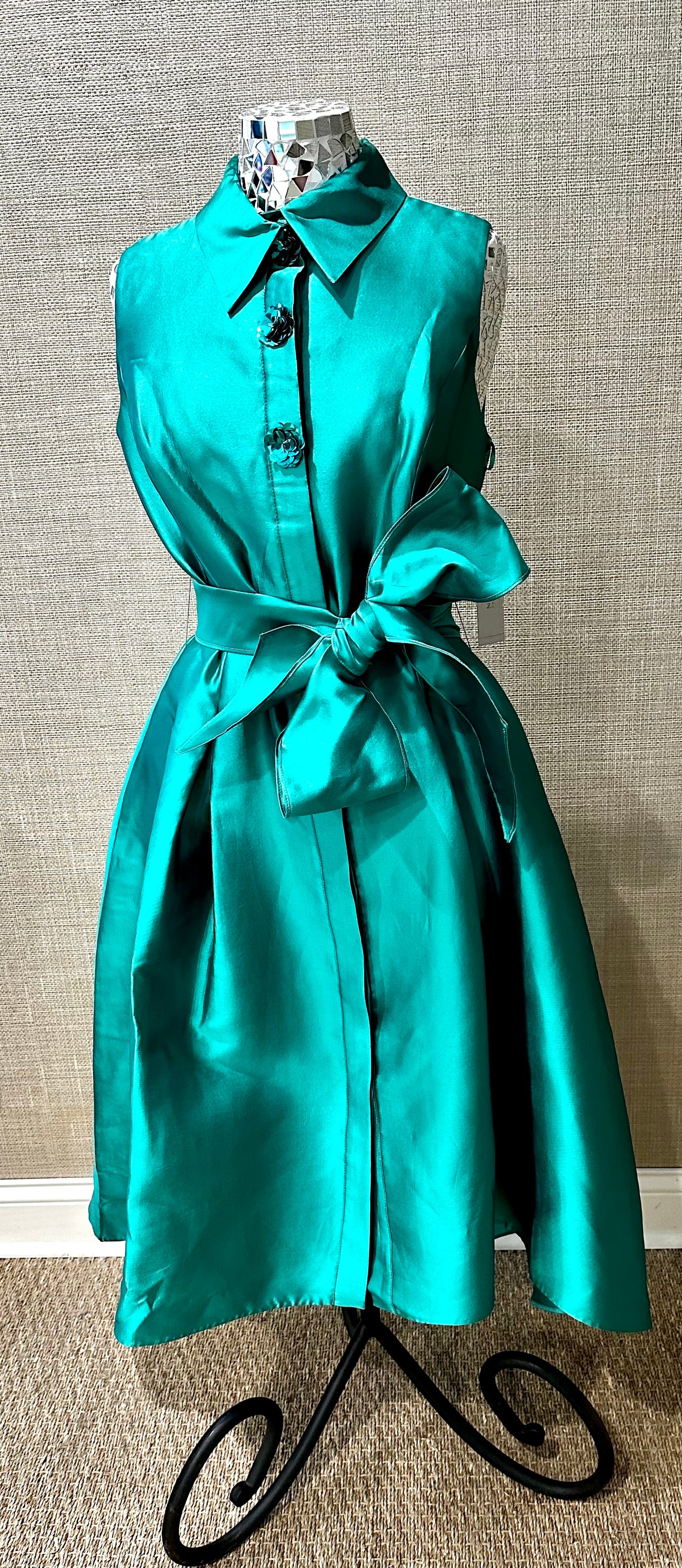 Teri  Jon Emerald Shirt Dress with Sequin Buttons