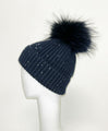 Sequin Knit Hat with Fur Pom Pom