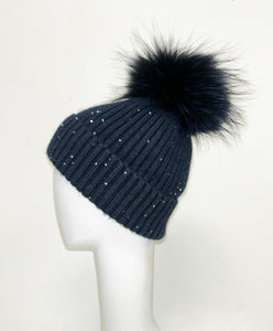 Sequin Knit Hat with Fur Pom Pom