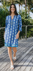 Bella Tu Izzy 37” Blue Ikat Tunic Dress