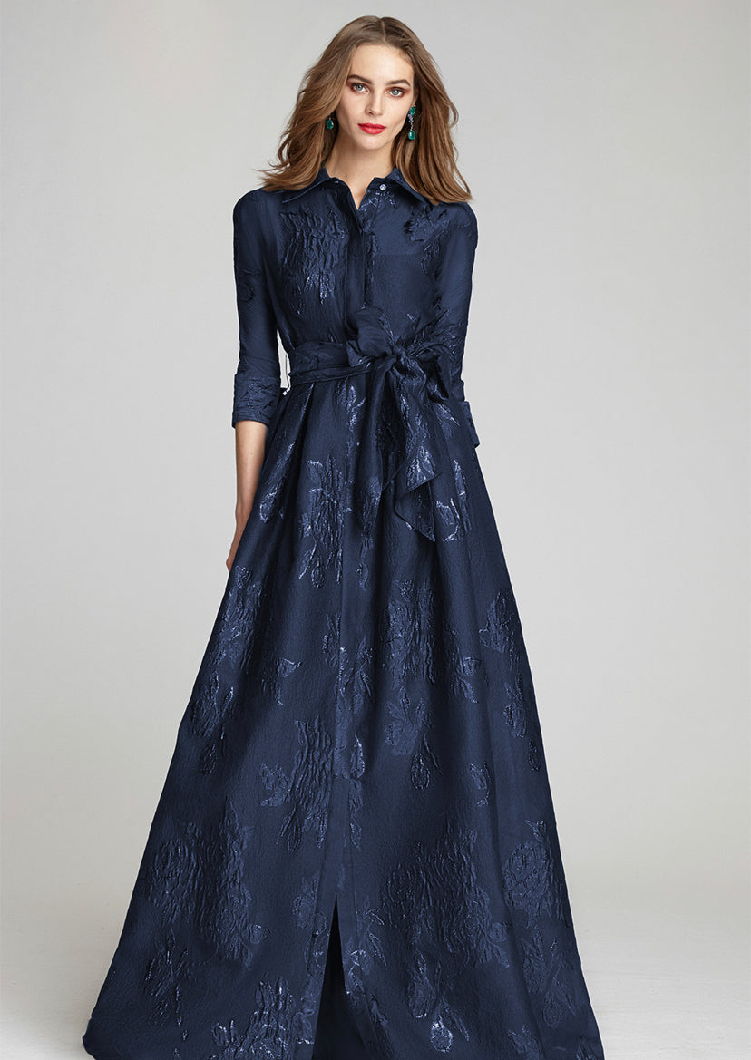 Teri Jon Metallic jacquard shirt dress gown with floral print
