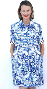 Dizzy Lizzie Chatham Dress Ornate Blue and White Tile Print