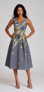 Teri Jon Ribbed Floral Tea Length Jacquard Dress