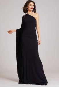 Emily Shalant Jersey Gown with Rhinestone Bow and Cape