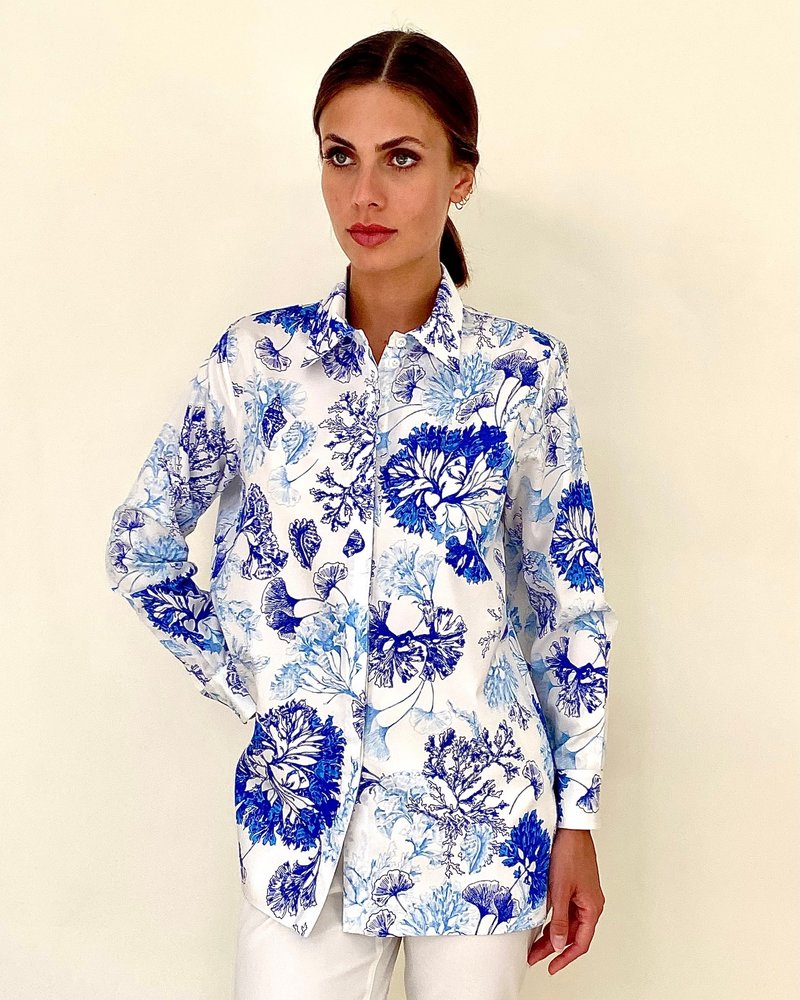 Rani Arabella Cotton Printed Shirt: Coral Blue