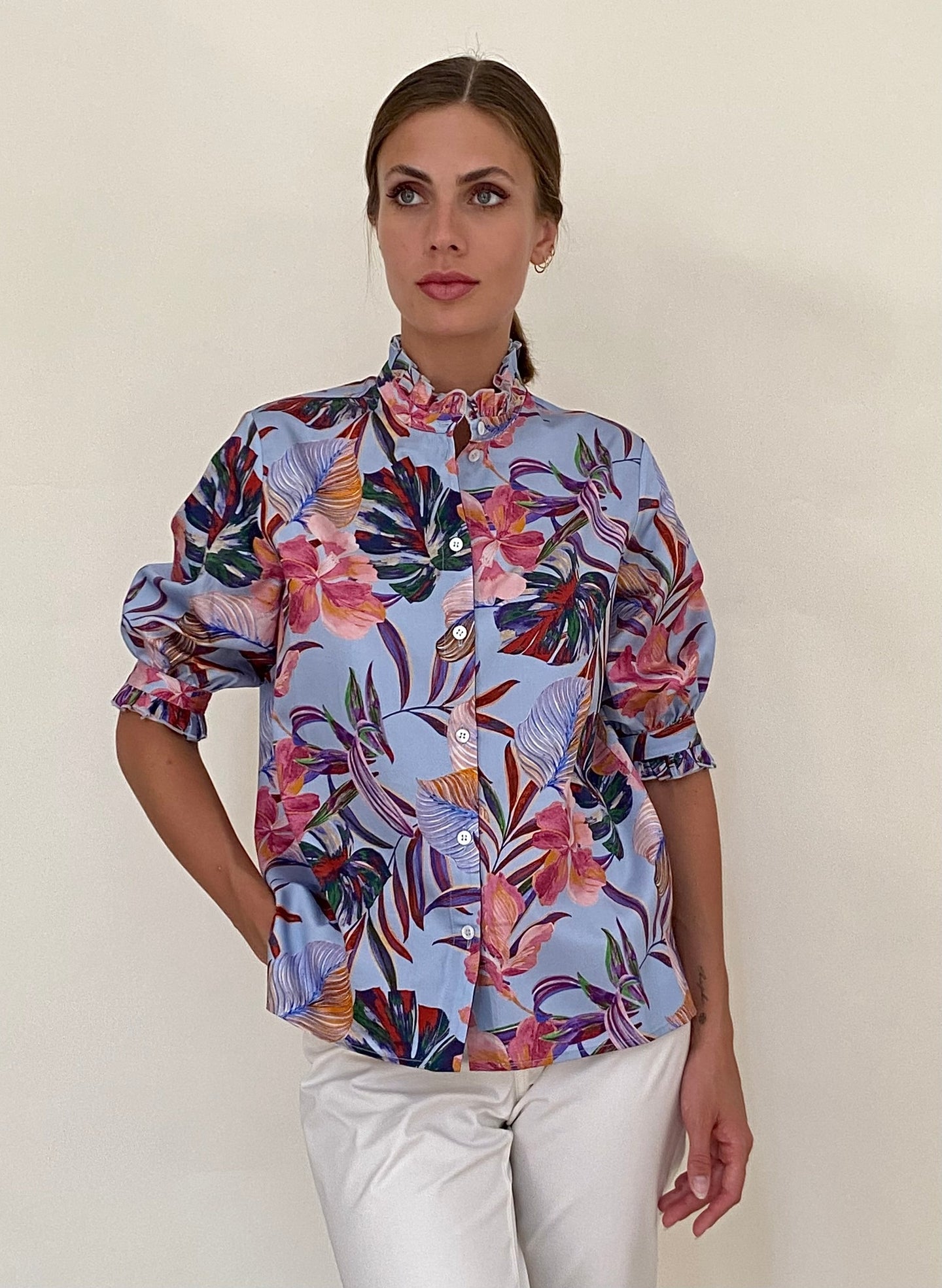 Rani Arabella Ruffle Collar Shirt: Tropical Blue
